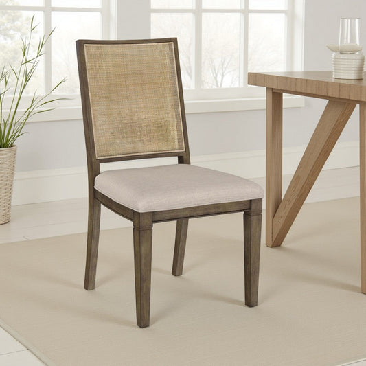 Andy Dining Side Chair Set of 2, Woven Rattan, Gray Fabric, Brown Wood