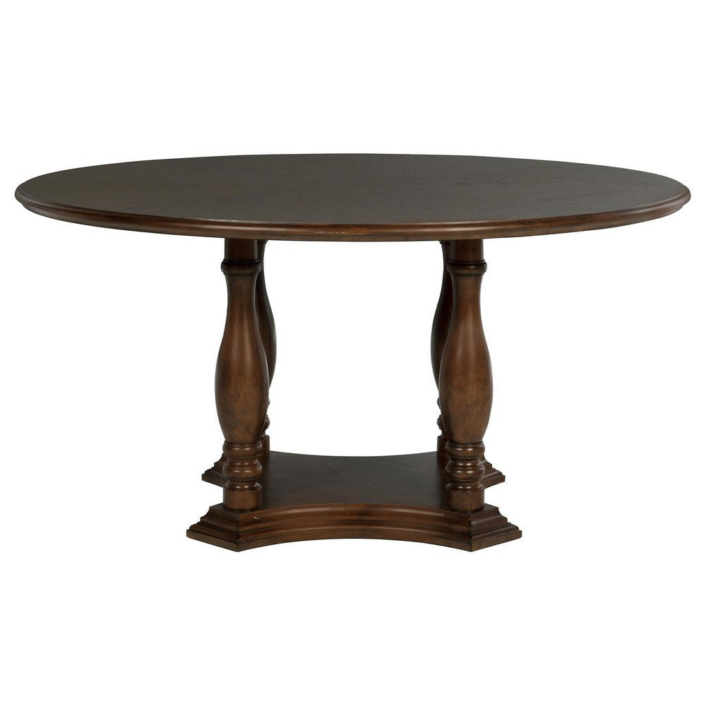 Monta Round Dining Table Turned Legs and Shelf Brown Wood 60 Inch BM329284