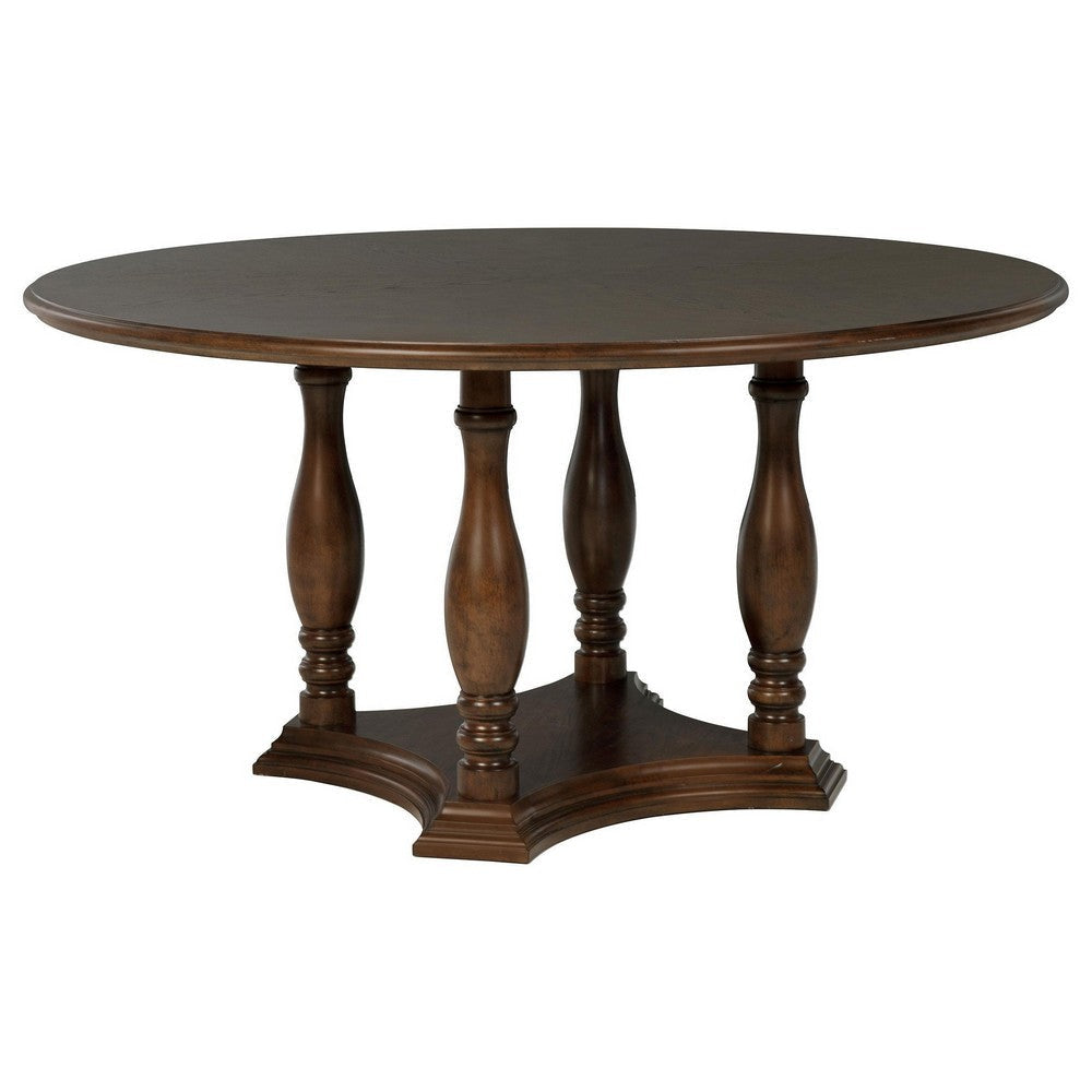 Monta Round Dining Table Turned Legs and Shelf Brown Wood 60 Inch BM329284