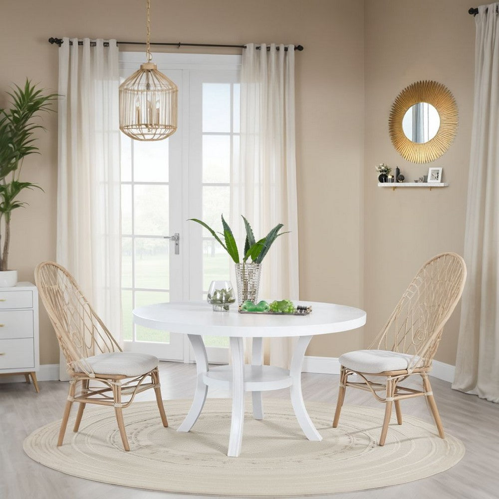 Judy Round Dining Table with Shelf and Flared Legs, White Wood 54 Inch