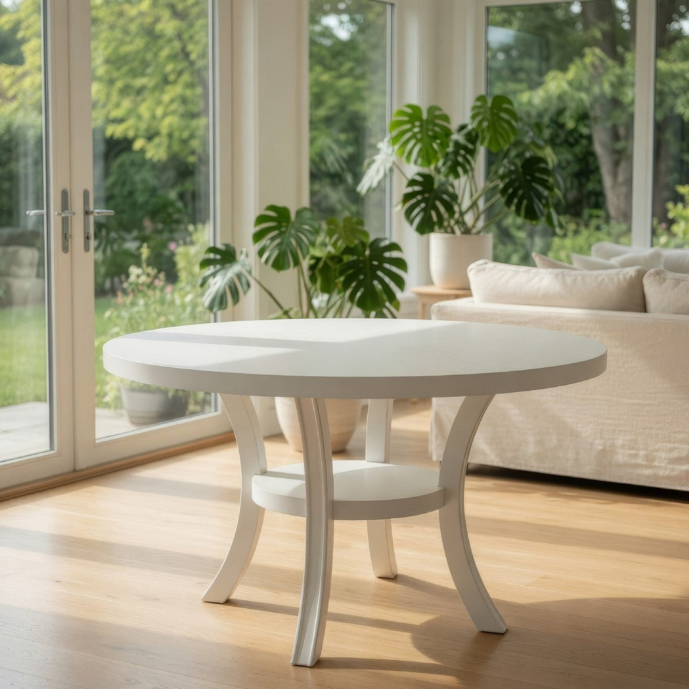 Judy Round Dining Table with Shelf and Flared Legs, White Wood 54 Inch