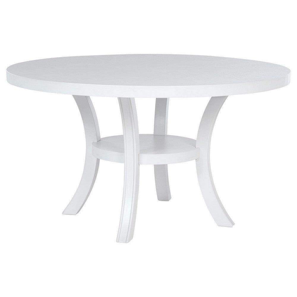 Judy Round Dining Table with Shelf and Flared Legs, White Wood 54 Inch
