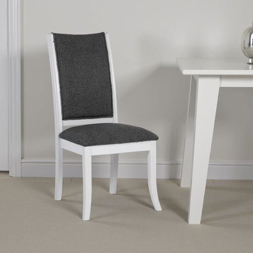 Judy Dining Side Chair Set of 2, Flared Legs, White Wood, Gray Fabric