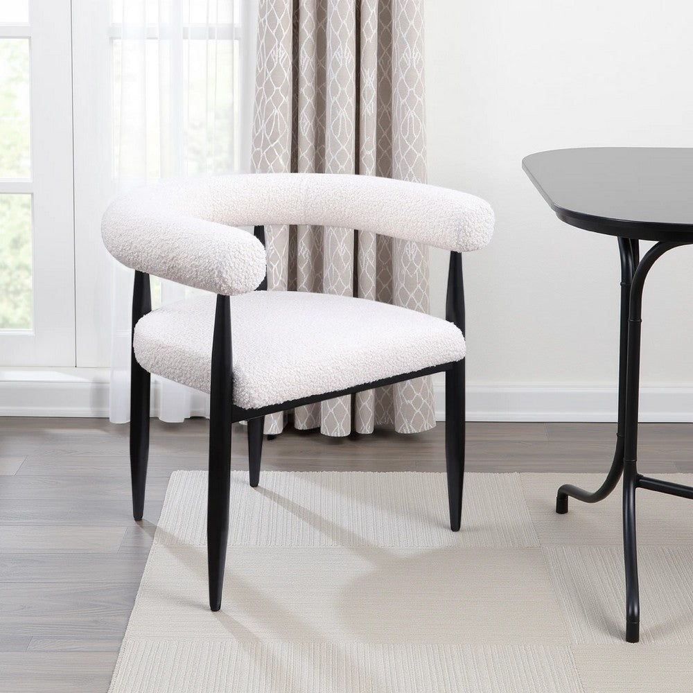 Noris Dining Chair Set of 2, White Fabric C-Shaped Back, Black Metal