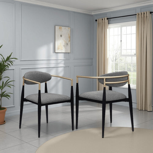 Exis Dining Armchair Set of 2, Modern Gray Fabric, Sleek Black Metal