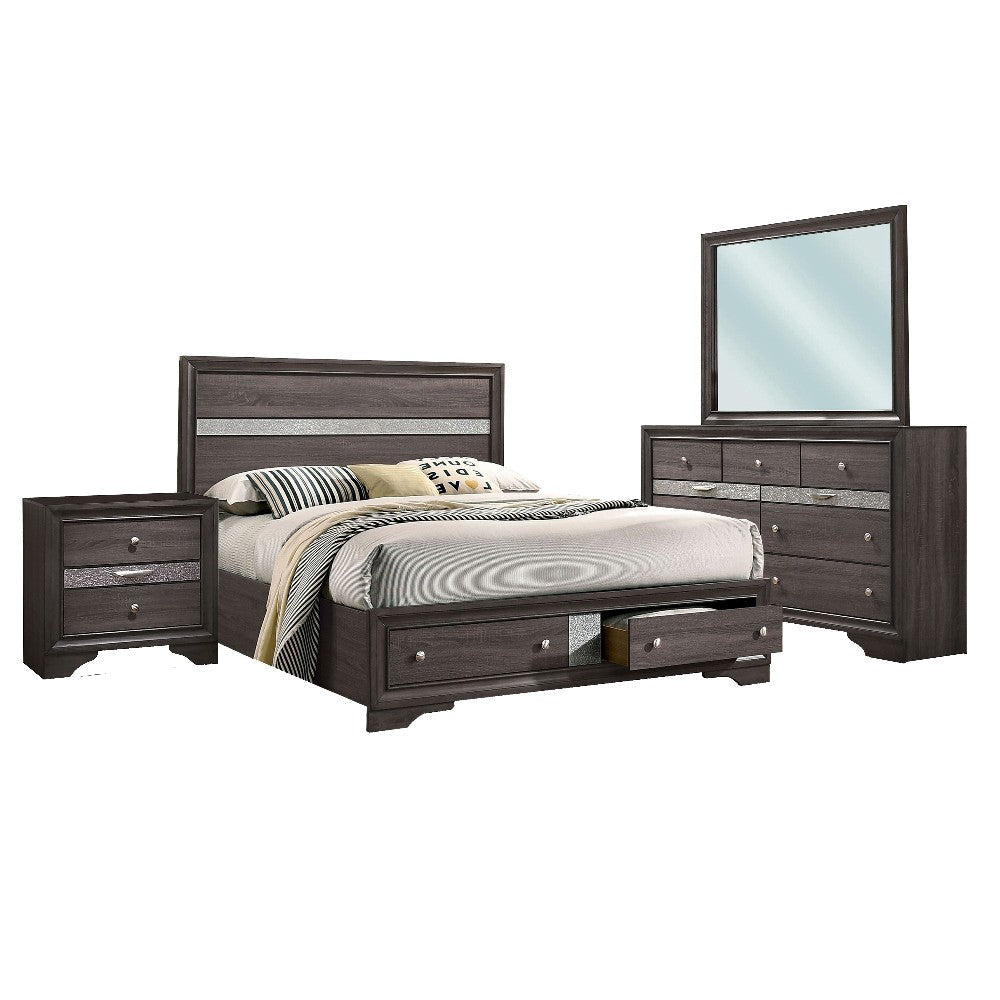 Po 4 Piece Bedroom Set | Queen Size | Silver Accents | Gray Brown Wood BM329294