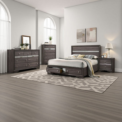 Po 4 Piece Bedroom Set | Queen Size | Silver Accents | Gray Brown Wood