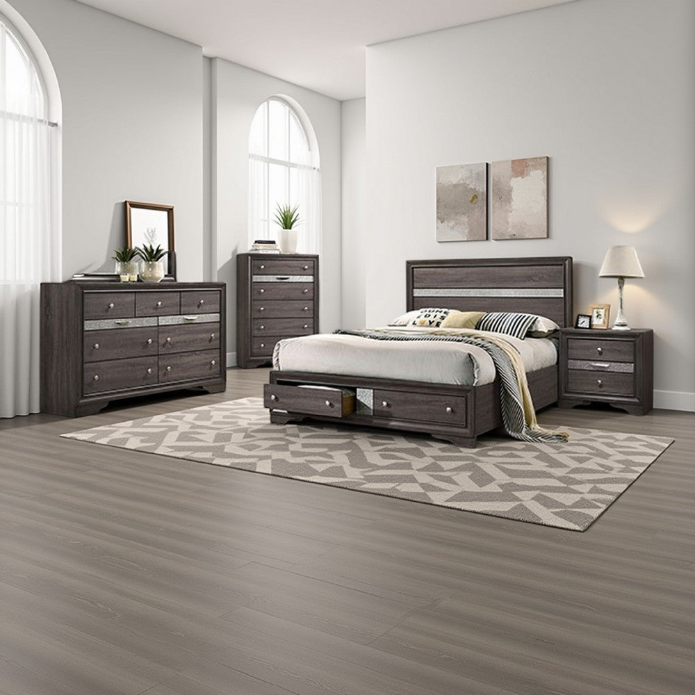 Po 4 Piece Bedroom Set | Queen Size | Silver Accents | Gray Brown Wood