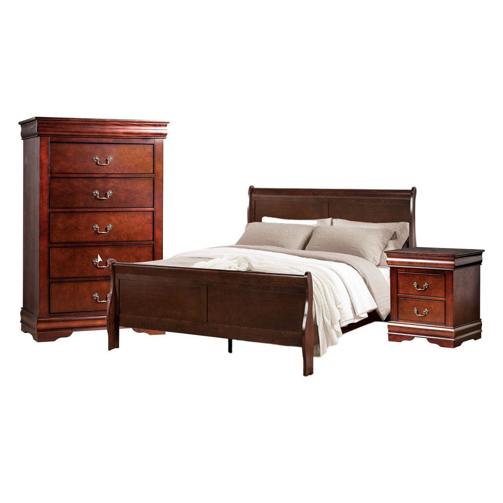 Poy 3 Piece Bedroom Set | Full Size | Cherry Brown | Metal Pull Handles BM329304