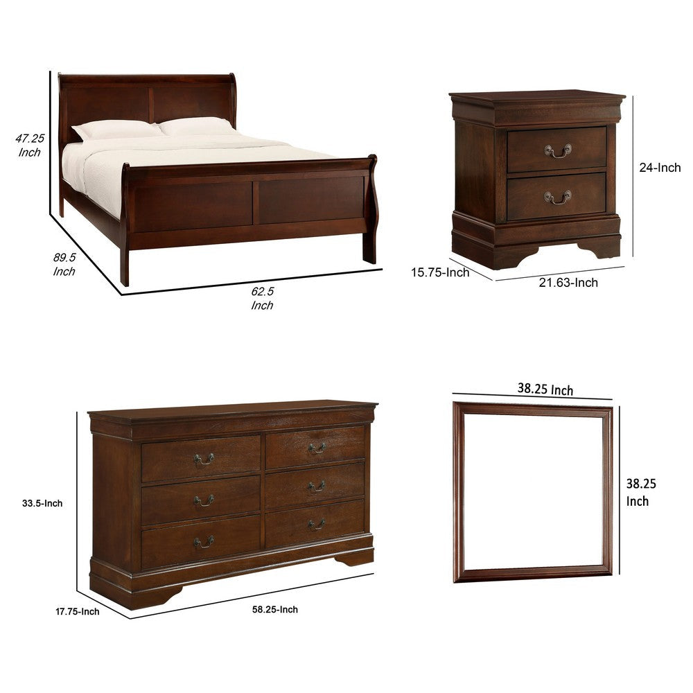 Fy 4 Piece Bedroom Set | Queen Size | Cherry Brown | Antique Brass Handles BM329317
