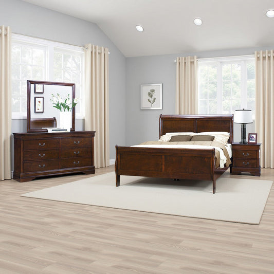 Fy 4 Piece Bedroom Set | Queen Size | Cherry Brown | Antique Brass Handles