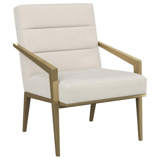 Kiara Accent Chair, Channel Tufted Cream Fabric, Gold Metal Frame