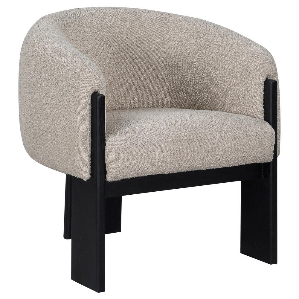 Vala Accent Chair, Modern Plush Beige Boucle Barrel Back, Black Wood