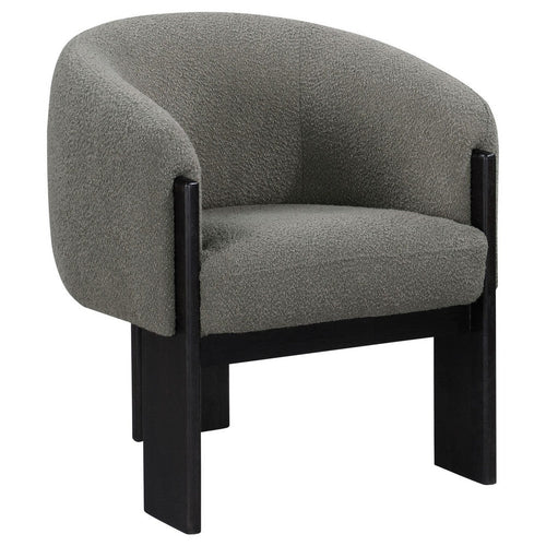 Vala Accent Chair, Modern Plush Gray Boucle Barrel Back, Black Wood