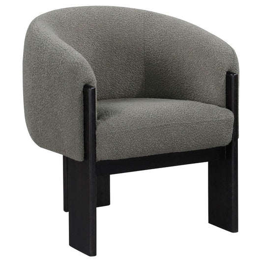 Vala Accent Chair, Modern Plush Gray Boucle Barrel Back, Black Wood