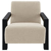 Fitz Accent Chair Soft Latte Beige Boucle Cushions Black Wood Arms