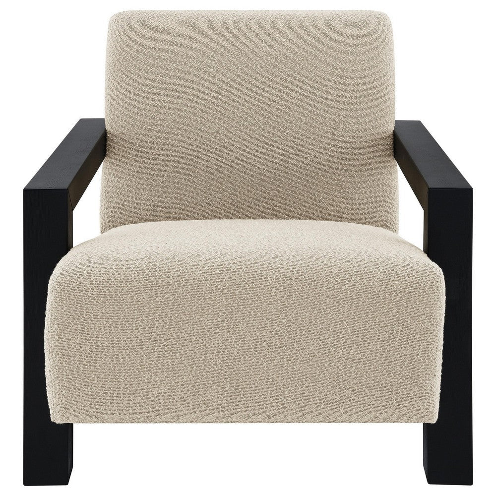 Fitz Accent Chair Soft Latte Beige Boucle Cushions Black Wood Arms