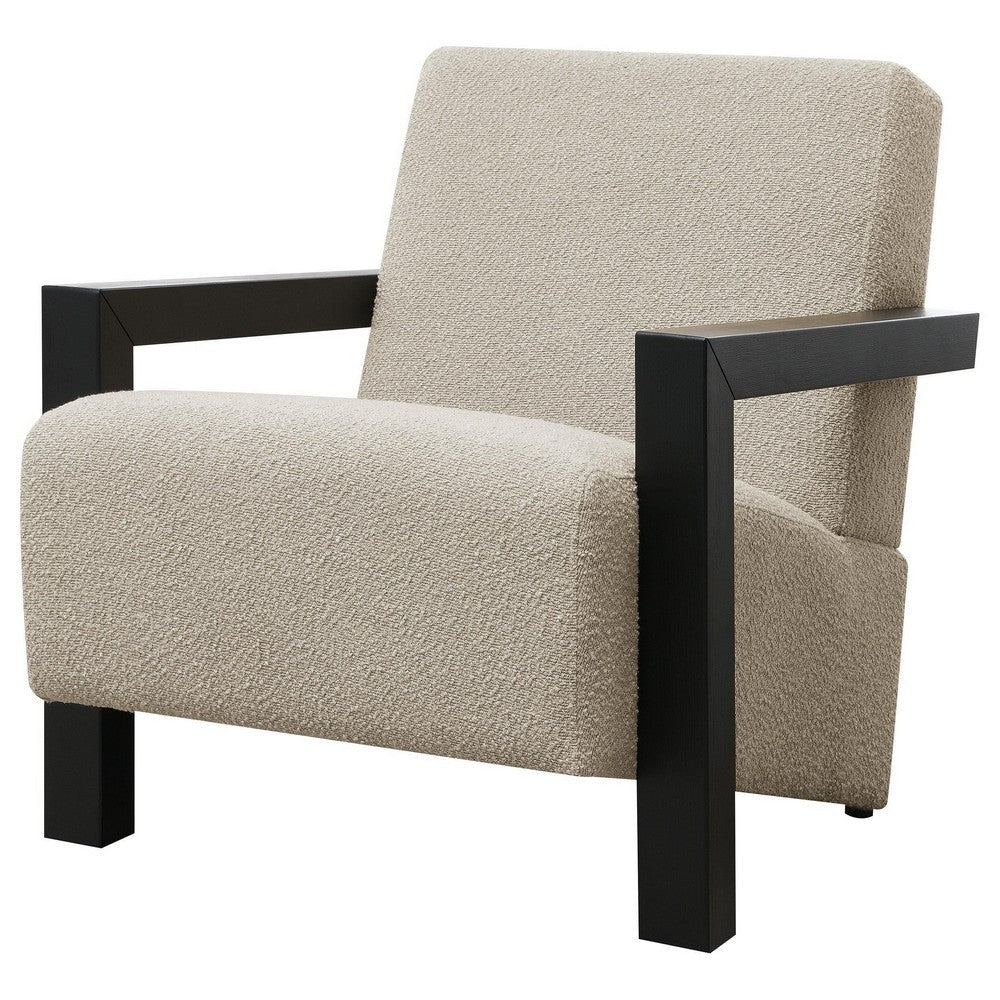 Fitz Accent Chair Soft Latte Beige Boucle Cushions Black Wood Arms