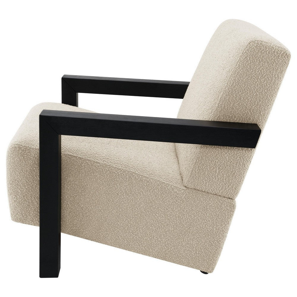 Fitz Accent Chair Soft Latte Beige Boucle Cushions Black Wood Arms