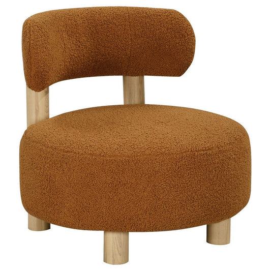 Zona Accent Chair, Barrel Back, Orange Boucle Fabric and Brown Wood