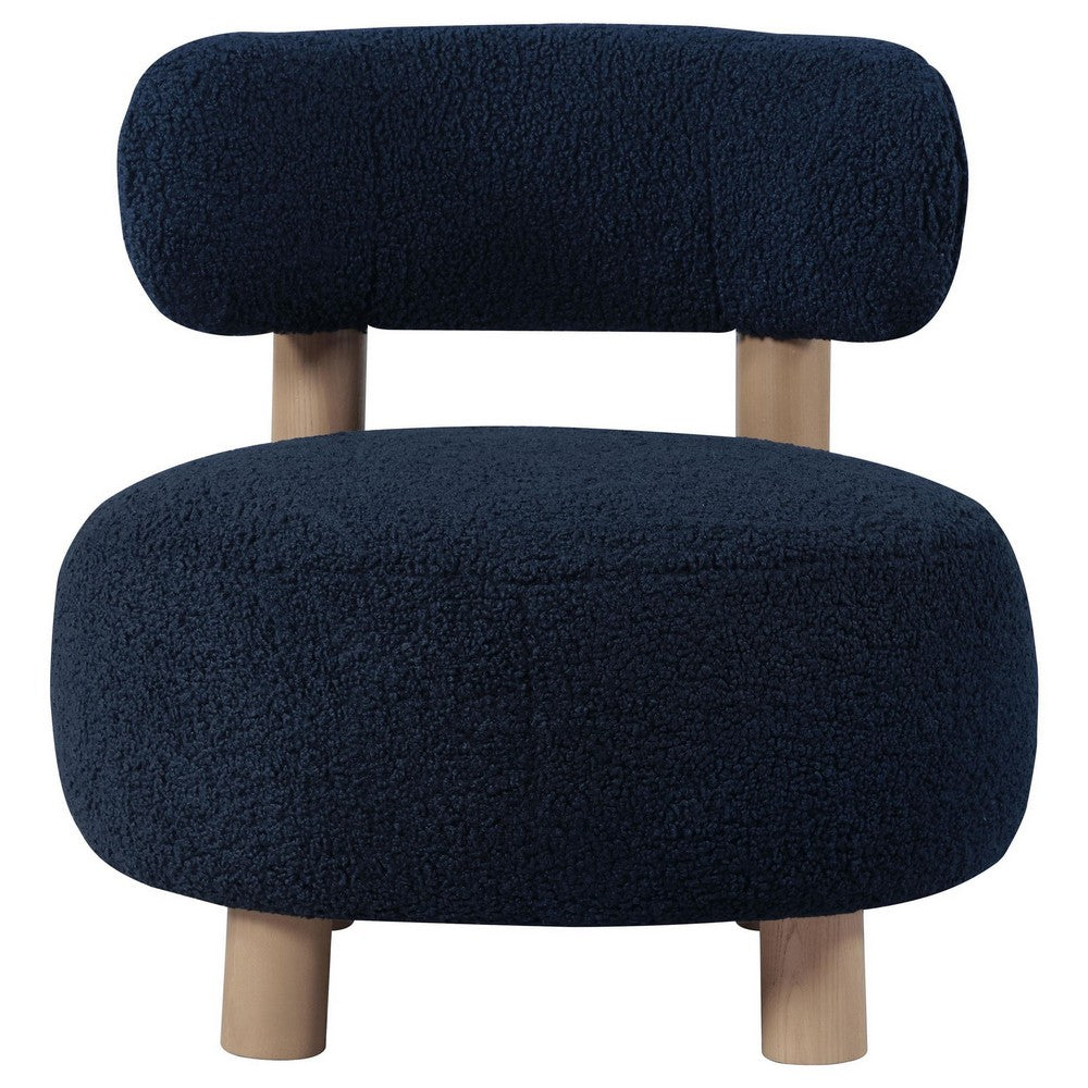 Zona Accent Chair, Barrel Back, Navy Blue Boucle Fabric and Brown Wood