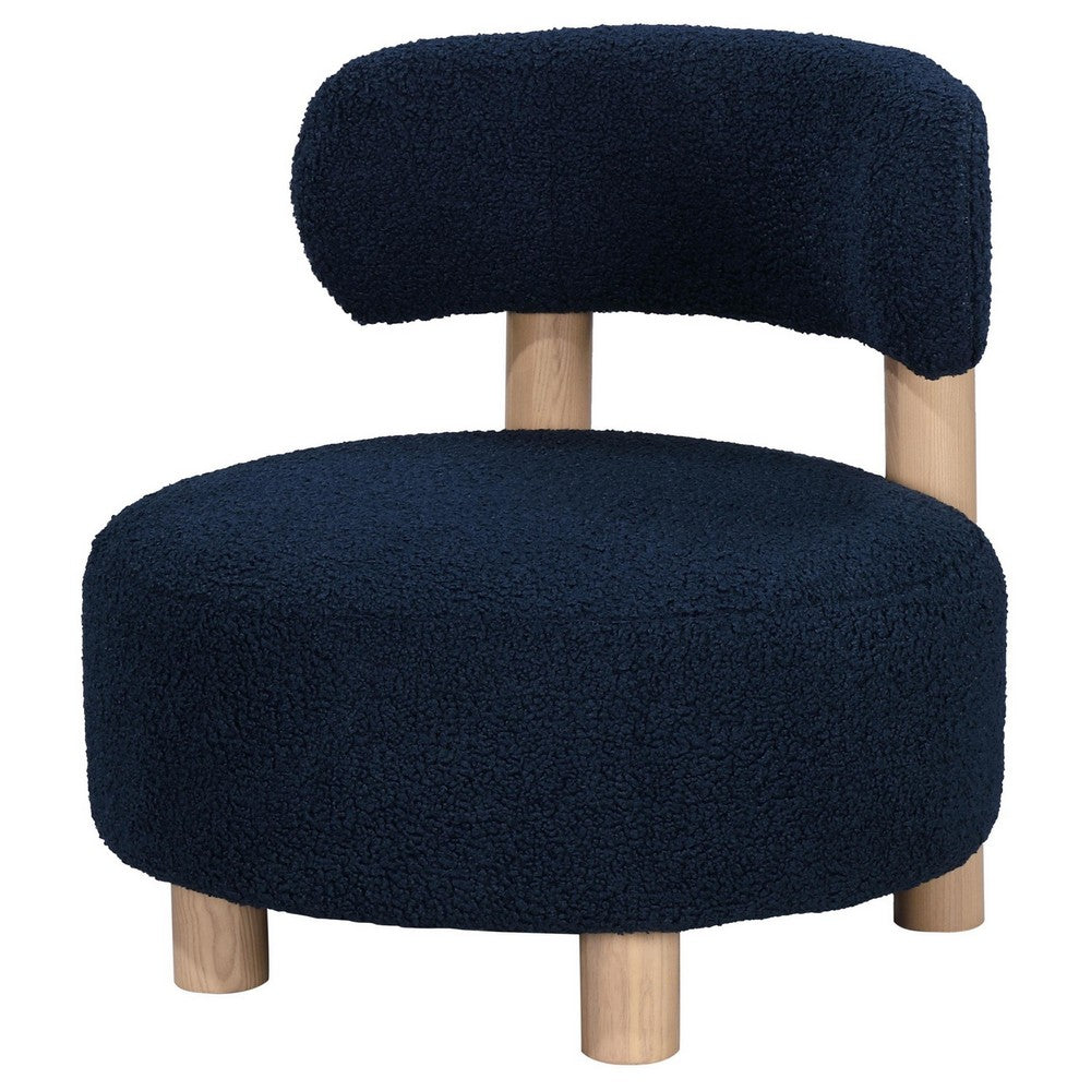 Zona Accent Chair, Barrel Back, Navy Blue Boucle Fabric and Brown Wood