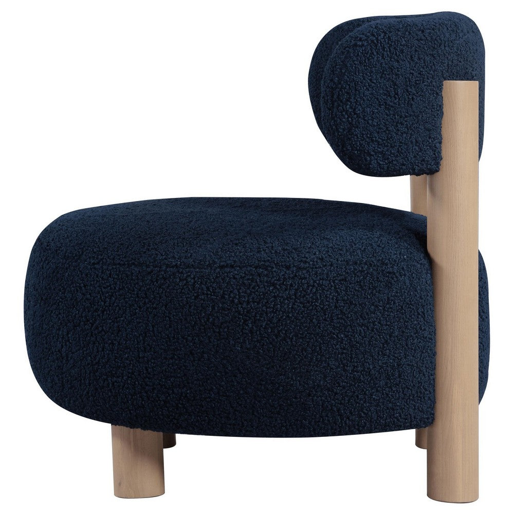 Zona Accent Chair, Barrel Back, Navy Blue Boucle Fabric and Brown Wood