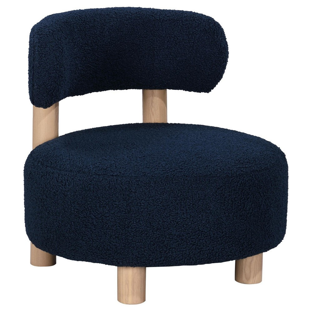 Zona Accent Chair, Barrel Back, Navy Blue Boucle Fabric and Brown Wood