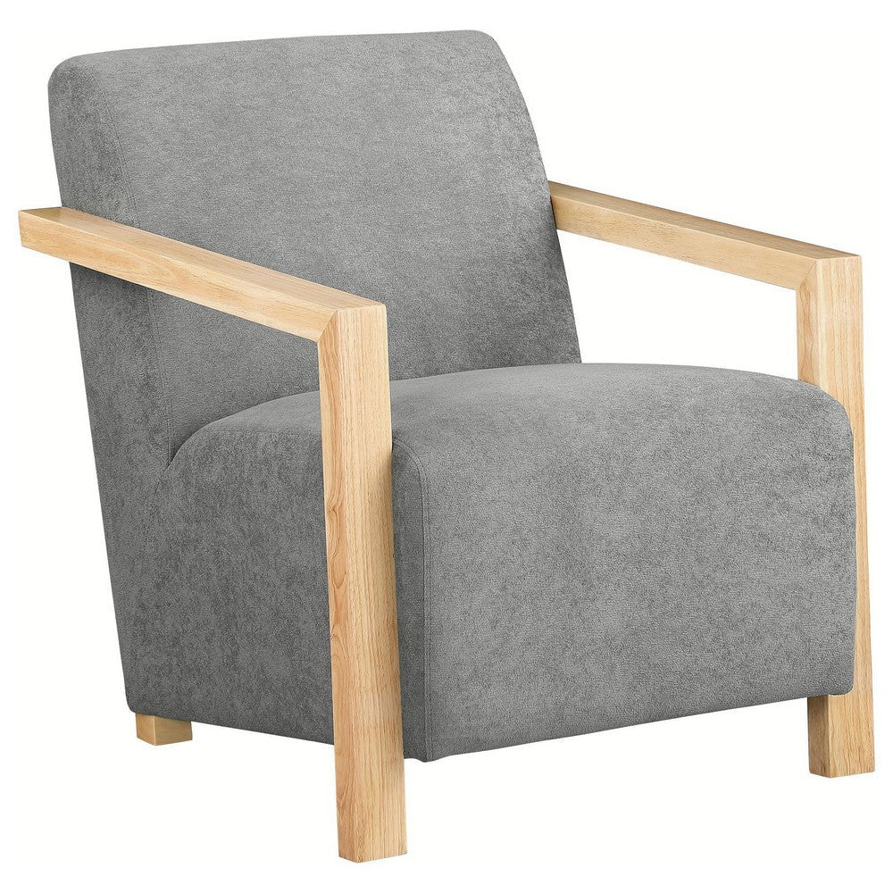 Ellon Accent Armchair, Soft Light Gray Cushioned, Natural Brown Wood