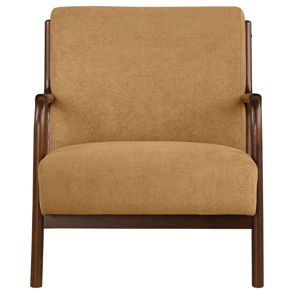 Arril Accent Chair Soft Honey Orange Fabric Cushions Dark Brown Wood