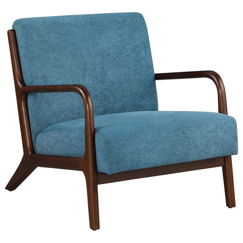 Arril Accent Chair, Soft Peacock Blue Cushions, Dark Brown Wood Frame
