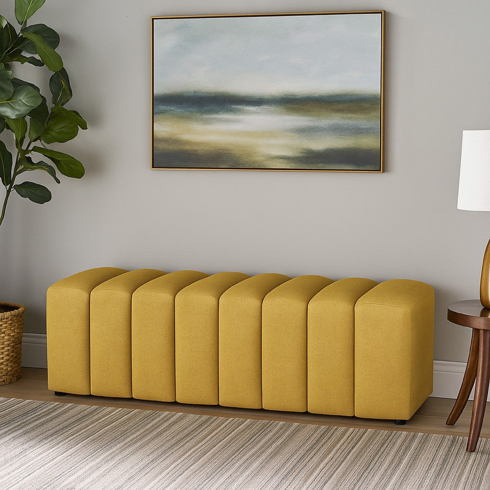 Sanna Accent Bench, Modern Channel Tufted Yellow Fabric, 54 Inch