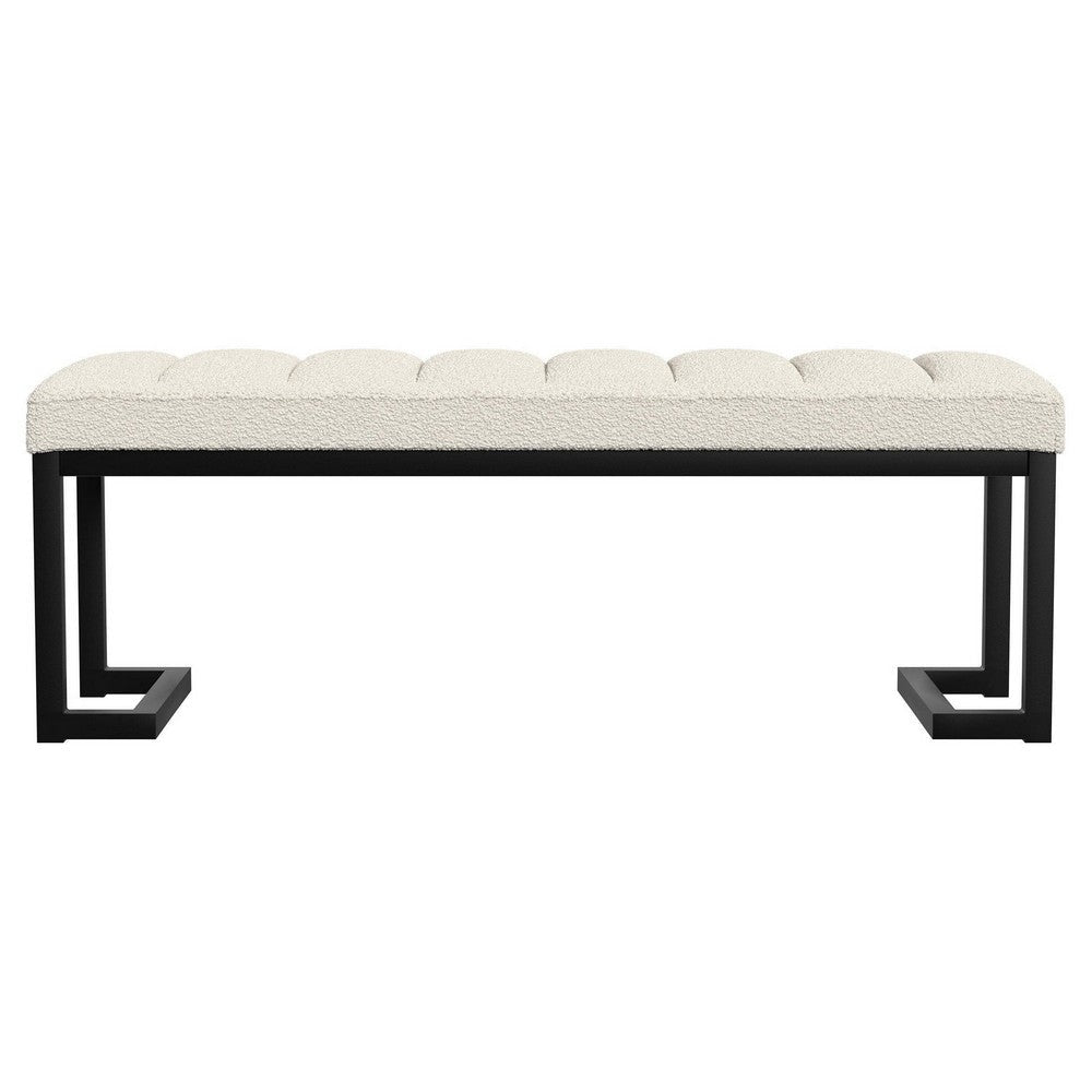 Mezza Accent Bench Tufted Ivory Boucle Fabric Black Metal 48 Inch