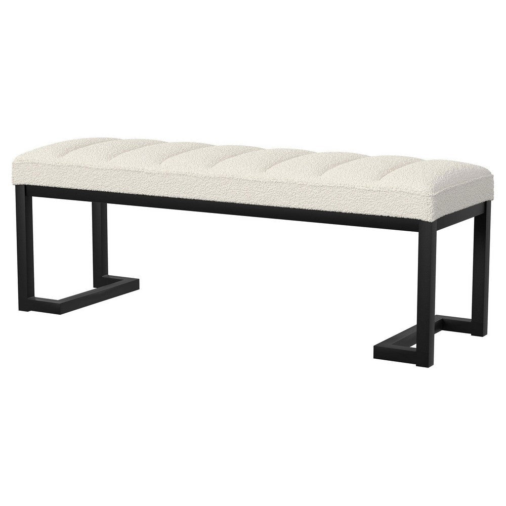 Mezza Accent Bench Tufted Ivory Boucle Fabric Black Metal 48 Inch