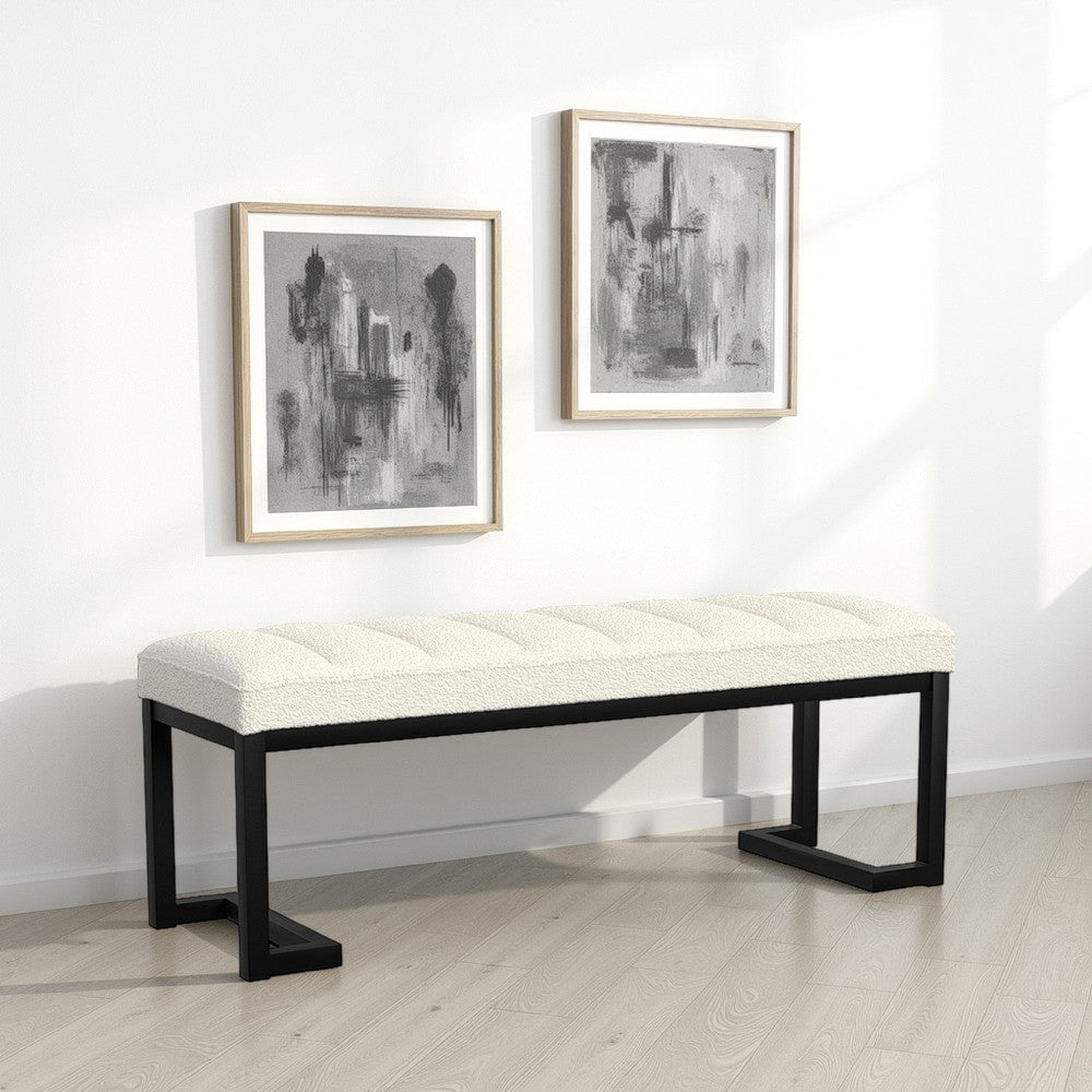 Mezza Accent Bench, Tufted Ivory Boucle Fabric, Black Metal, 48 Inch