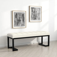 Mezza Accent Bench, Tufted Ivory Boucle Fabric, Black Metal, 48 Inch