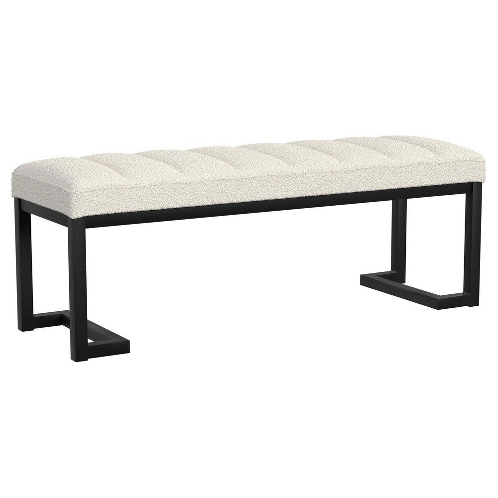 Mezza Accent Bench Tufted Ivory Boucle Fabric Black Metal 48 Inch