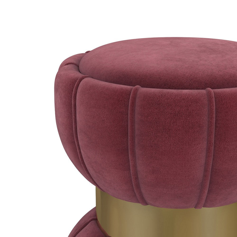 Soraya Ottoman Tufted Red Wine Fabric Round 17 Inch Gold Metal Band BM329661