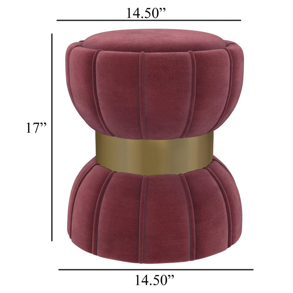 Soraya Ottoman Tufted Red Wine Fabric Round 17 Inch Gold Metal Band BM329661