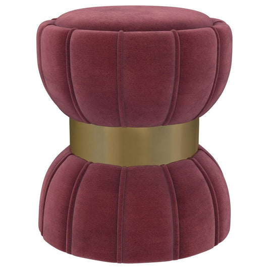 Soraya Ottoman, Tufted Red Wine Fabric, Round 17 Inch, Gold Metal Band