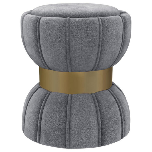 Soraya Ottoman Tufted Gray Fabric Round 17 Inch Gold Metal Band