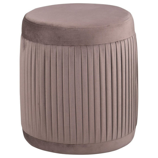 Tiana Ottoman, Mauve Fabric Pleated Design, Round 18 Inch, Wood Frame