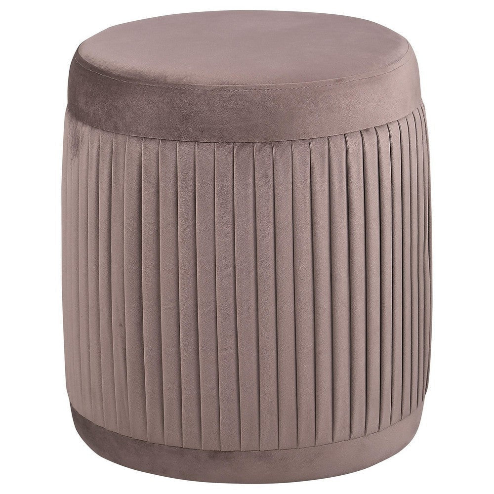 Tiana Ottoman, Mauve Fabric Pleated Design, Round 18 Inch, Wood Frame