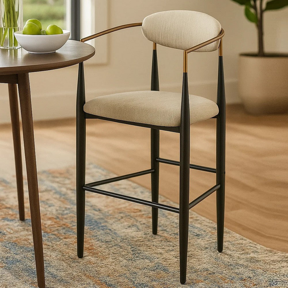 Tiara Bar Chair Set of 2, Beige Fabric, Gold Black Metal 30 Inch