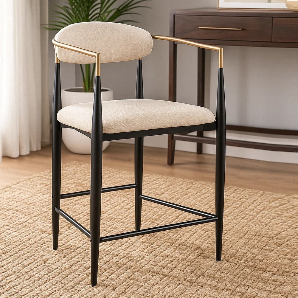 Tiara Counter Height Chair Set of 2, Beige Fabric, Black Metal 25 Inch