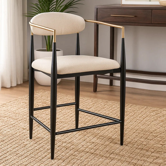 Tiara Counter Height Chair Set of 2, Beige Fabric, Black Metal 25 Inch