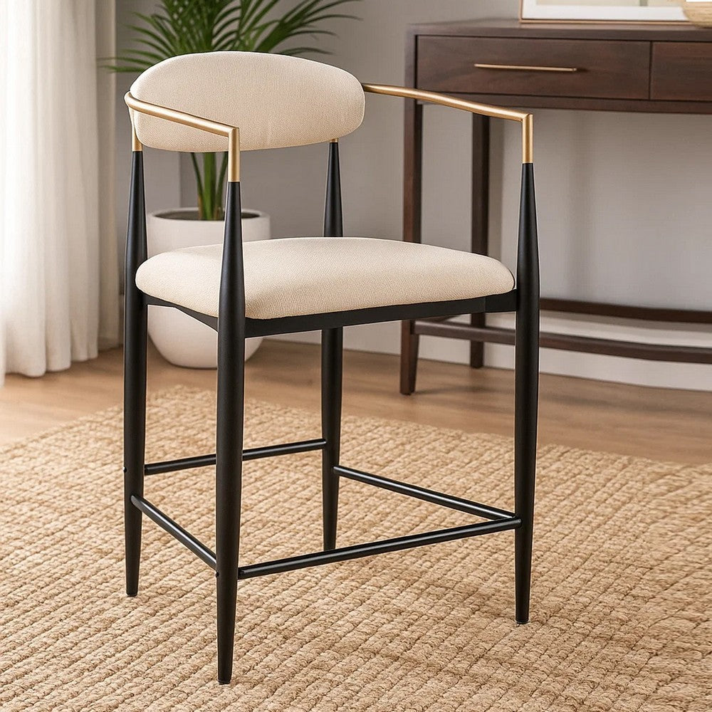 Tiara Counter Height Chair Set of 2, Beige Fabric, Black Metal 25 Inch