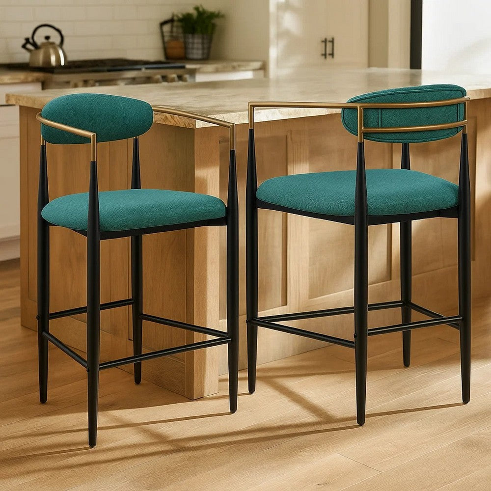 Tiara Counter Height Chair Set of 2, Teal Green, Black Metal 25 Inch