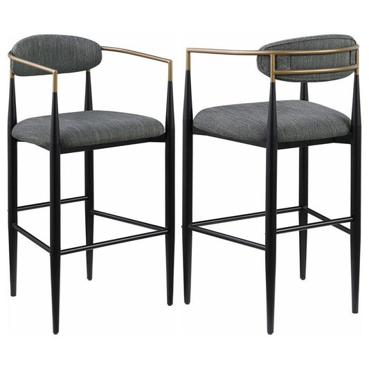 Tiara Bar Chair Set of 2, Gray Fabric, Gold, Black Metal 30 Inch
