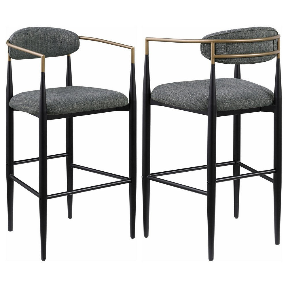 Tiara Bar Chair Set of 2, Gray Fabric, Gold, Black Metal 30 Inch